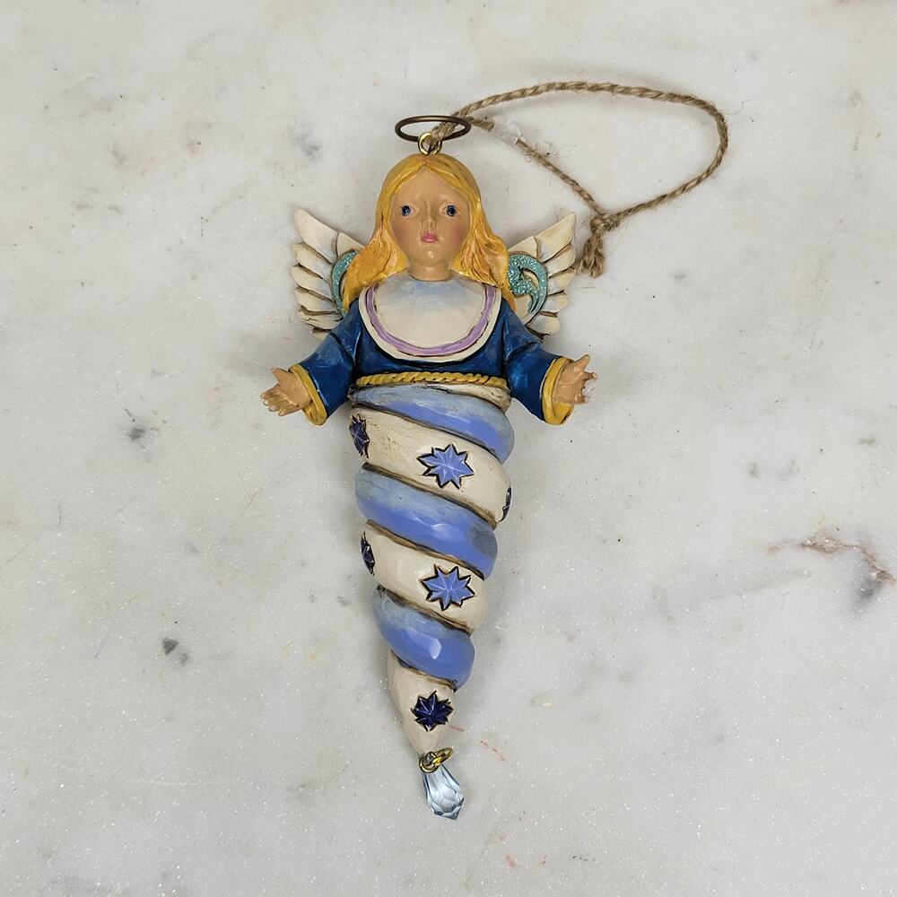 Vintage Angel Ornament 5” Spiral Hand Painted Stars Blue Christmas